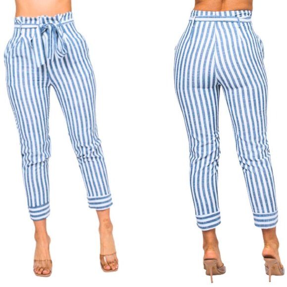 Pants - NWT Women's Nautical Blue and White Striped Cropped High Waist Pants Tie Belt
